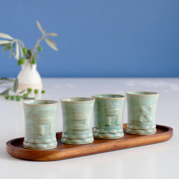 Set of Personal Kiddush Cups, 3D Printed Clay, for Early Adopters, Customized with Hebrew Letters, with Oval Bamboo Plate, Shabbat Family Set