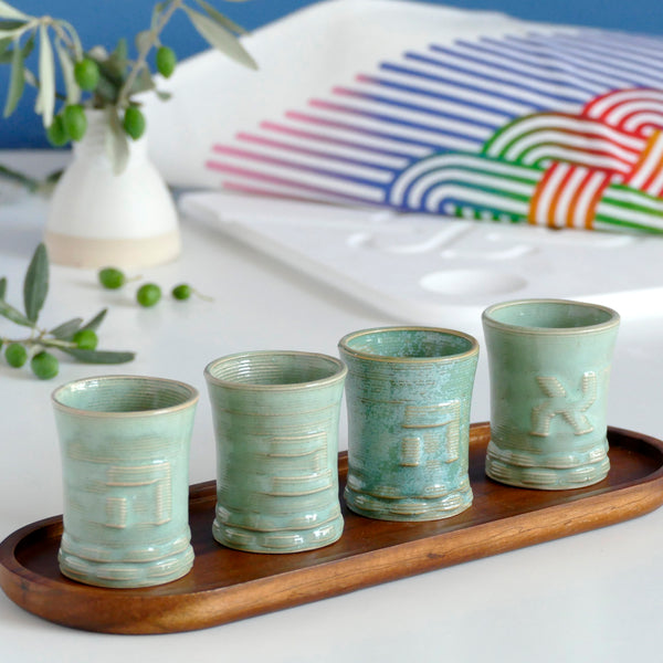 Set of Personal Kiddush Cups, 3D Printed Clay, for Early Adopters, Customized with Hebrew Letters, with Oval Bamboo Plate, Shabbat Family Set