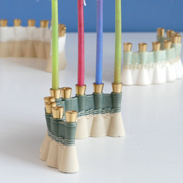 Hanukkah Menorah Modern Judaica -Early Bird Contemporary Judaica Chanukah gift -3D Printed Clay -Wavy in Green Glaze and Sand Shade