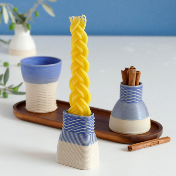 This elegant Havdalah set is created in a unique method by a clay 3D Printer. Enjoy now - for a limited time only - Early Bird Sale of 3D Printed Clay Havdalah set, in natural sand shade and royal blue glaze.