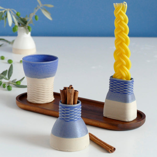 This elegant Havdalah set is created in a unique method by a clay 3D Printer. Enjoy now - for a limited time only - Early Bird Sale of 3D Printed Clay Havdalah set, in natural sand shade and royal blue glaze.