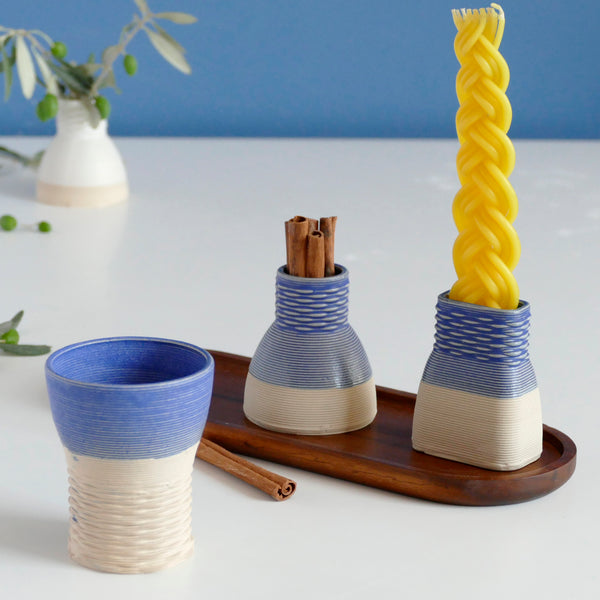 Havdalah Set for Early Adopters, Early Bird Sale, Wine Cup, Besamim- Spices Holder, Candleholder, 3D Printed Clay, Royal Blue and Sand Shade