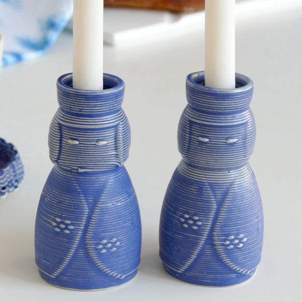 3D Printed Clay Candlesticks, Inspired by Kokeshi Doll, Pair of Shabbat Candleholders, Off White Ceramic with Blue Glaze, Early Bird Sale