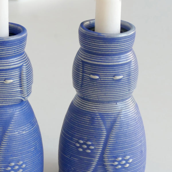 3D Printed Clay Candlesticks, Inspired by Kokeshi Doll, Pair of Shabbat Candleholders, Off White Ceramic with Blue Glaze