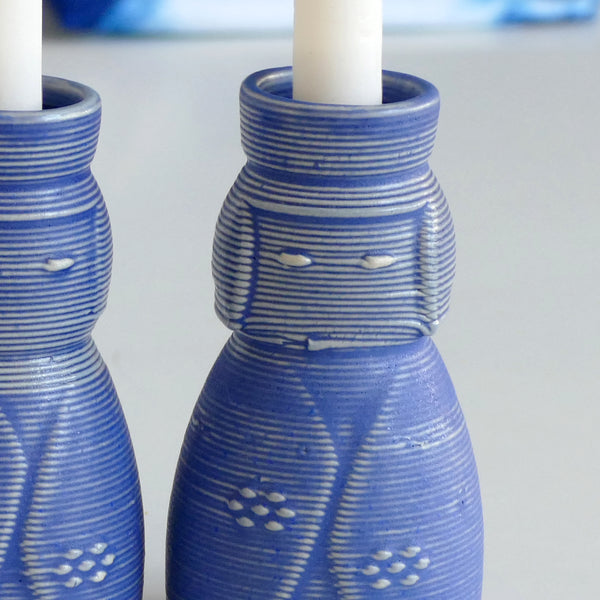 3D Printed Clay Candlesticks, Inspired by Kokeshi Doll, Pair of Shabbat Candleholders, Off White Ceramic with Blue Glaze