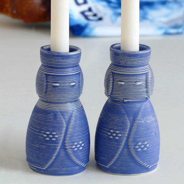 3D Printed Clay Candlesticks, Inspired by Kokeshi Doll, Pair of Shabbat Candleholders, Off White Ceramic with Blue Glaze, Early Bird Sale