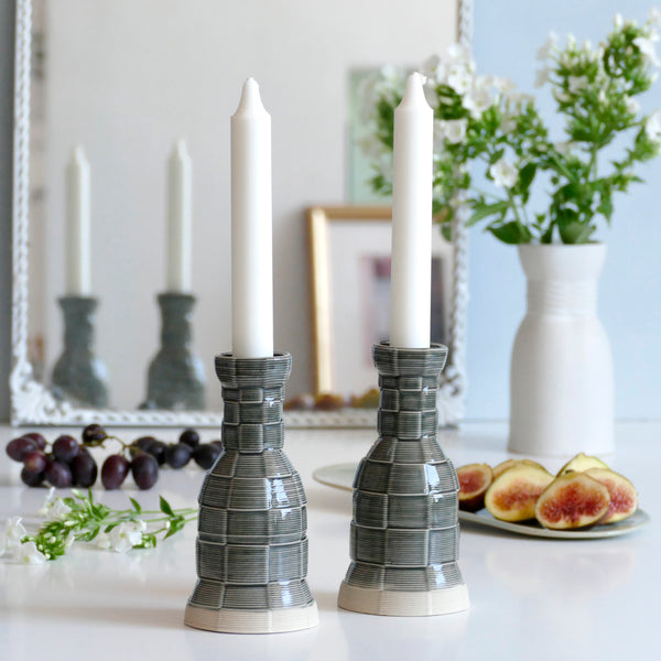 Early Bird Sale, Modern Shabbat Candleholders, 3D Printed Clay Beige with Gray Glaze - Checkered Pattern