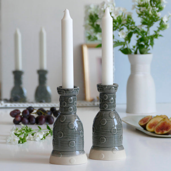 Early Bird Sale, Modern Shabbat Candleholders, 3D Printed Clay Beige with Gray Glaze - Polka Dots Pattern