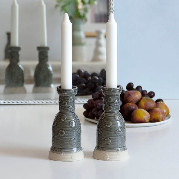 Modern Shabbat Candleholders, 3D Printed Clay Beige with Gray Glaze - Polka Dots Pattern
