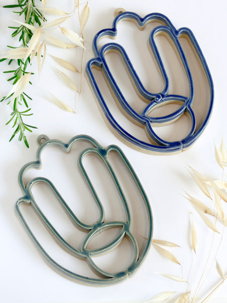 Set of Two Ceramic Hamsa Wall Art - 3D Printed Clay, Green and Blue Glaze