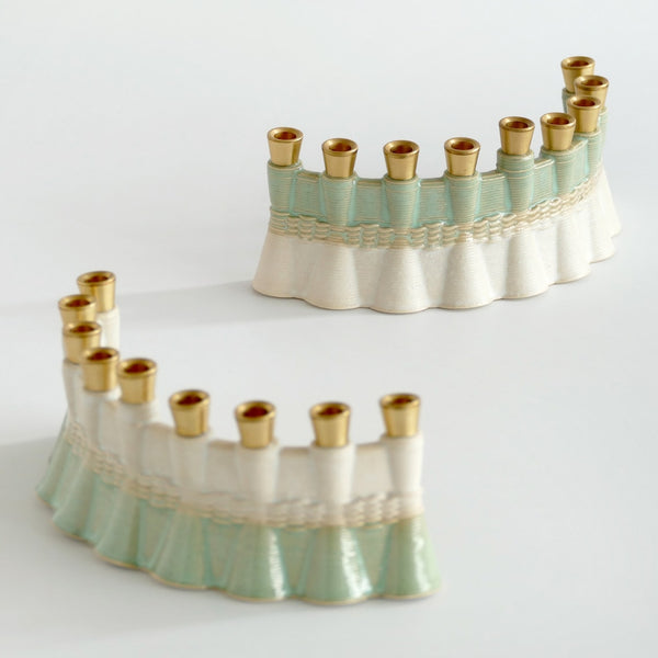 Early Bird Contemporary Judaica Chanukah gift - Hanukkah Menorah - 3D Printed Clay - Wavy in Off - White and Mint Glaze, The Shamash placed at the midle of the arc, you may place the Menorah concave or convex.