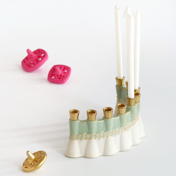 Early Bird Contemporary Judaica Chanukah gift - Hanukkah Menorah - 3D Printed Clay - Wavy in Off - White and Mint Glaze, The Shamash placed at the midle of the arc, you may place the Menorah concave or convex.