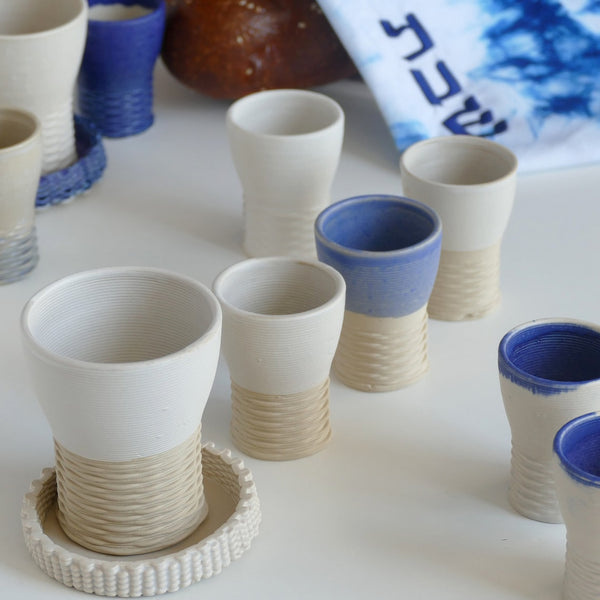 Shabbat Mystery Box - Family Set of Kiddush Cups - 1 Large and 4 Small Goblets, 3D Printed Clay, Surprise Glaze Shades in Blue and White