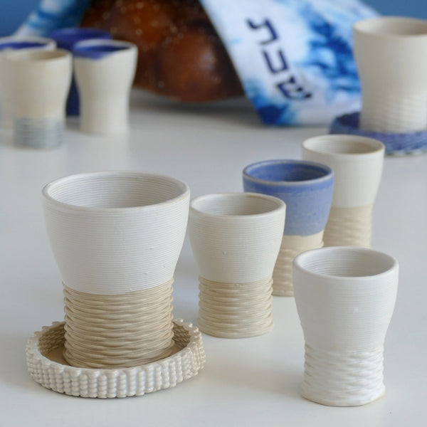 special offer - An original gift idea for modern Jewish family - an elegant Kiddush cups set including one large wine goblets and four small ones.  Created in a unique method by a clay 3D Printer.
