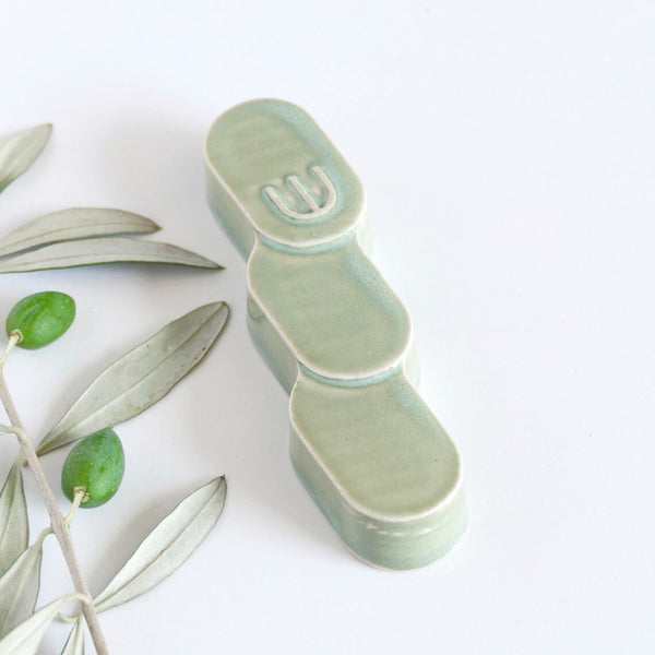 New Mezuzah Design - Wavy Zig Zag - Pistachio Green Glaze Clay Mold, Glossy Glaze - Fits 7cm Scroll - Special Price