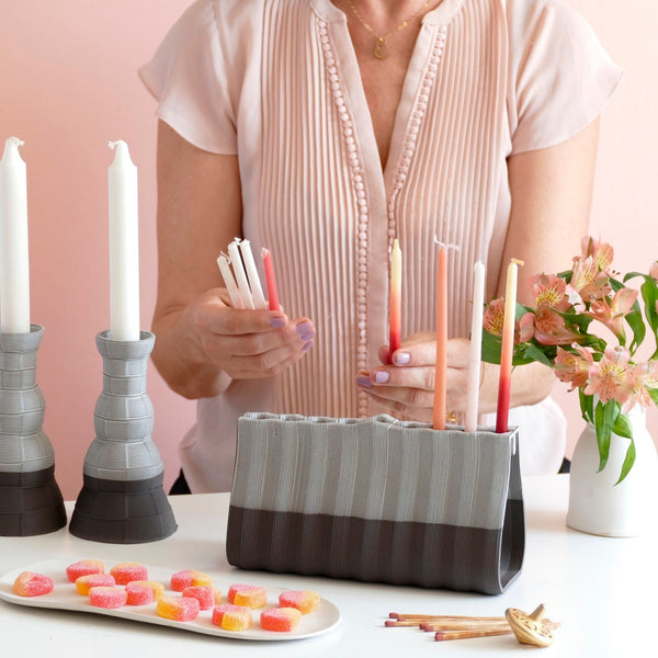 Innovative 3D Printed Clay Menorah, Contemporary Judaica for Chanukah, Graphite Shade Clay with Matt Off- White Glaze