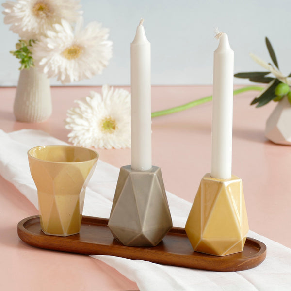 Shabbat Mystery Box- Set of Kiddush Cup & Pair of candleholders, Geometric Design, Surprise Combination of Glaze Shades, with Bamboo Tray