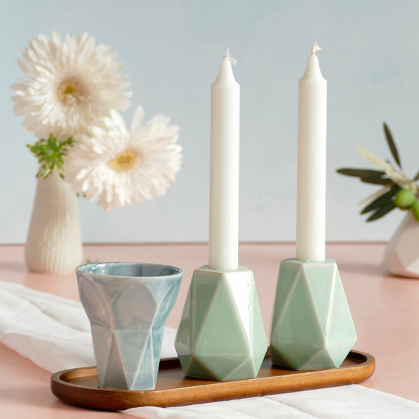 Shabbat Mystery Box- Set of Kiddush Cup & Pair of candleholders, Geometric Design, Surprise Combination of Glaze Shades, with Bamboo Tray
