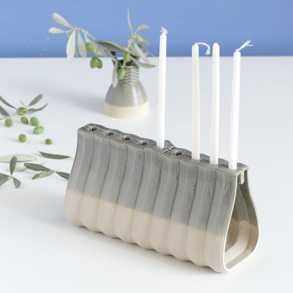 Hanukkah Menorah for Early Adopters - Innovative Menorah, Contemporary Judaica for Chanukah, 3D Printed Clay, Sand Shade Clay with Glossy Grey Glaze