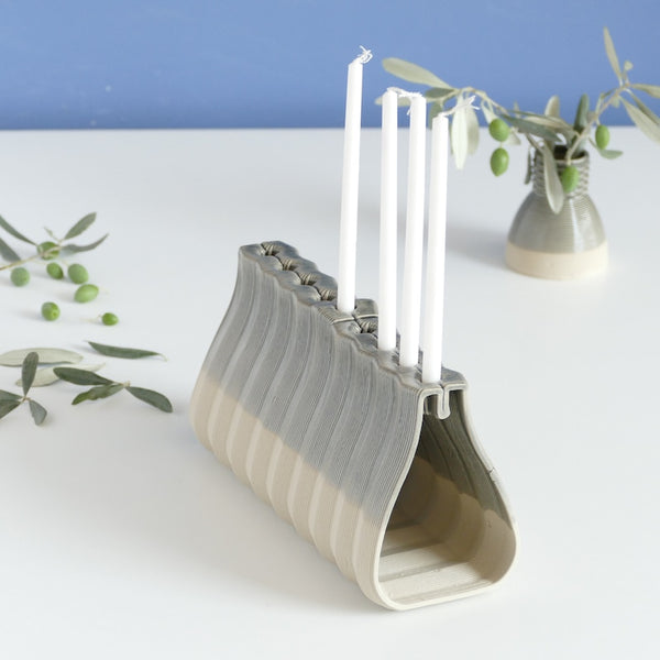 Hanukkah Menorah for Early Adopters - Innovative Menorah, Contemporary Judaica for Chanukah, 3D Printed Clay, Sand Shade Clay with Glossy Grey Glaze
