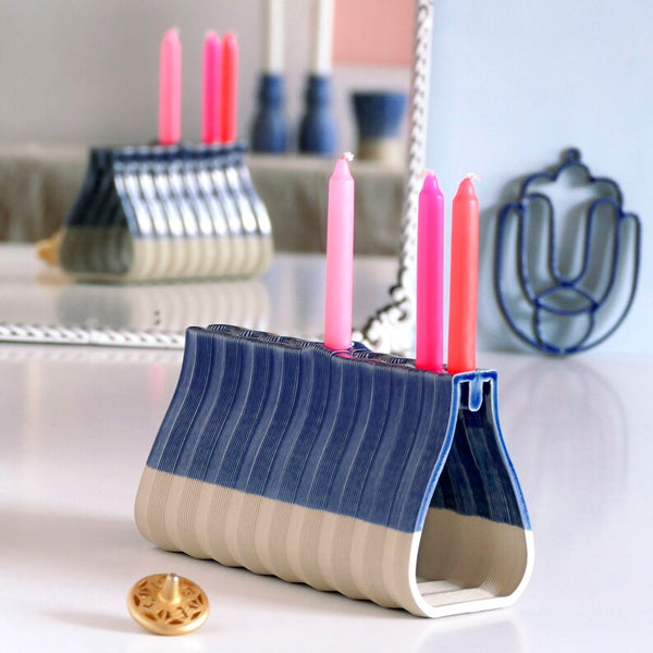 Innovative 3D Printed Clay Menorah, Contemporary Judaica for Chanukah, Sand Shade Clay with Glossy Blue Glaze