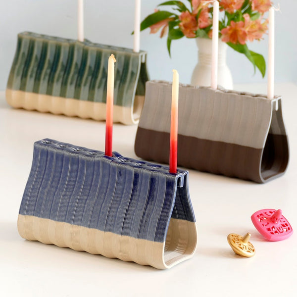 Innovative 3D Printed Clay Menorah, Contemporary Judaica for Chanukah, Graphite Shade Clay with Matt Off- White Glaze