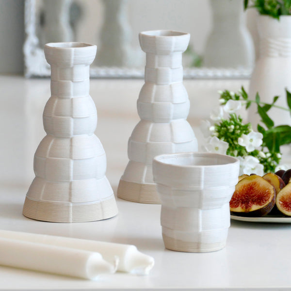 Early Bird Sale, Innovative Shabbat Set, 3D Printed Clay Beige with Off White Glaze - Checkered Pattern