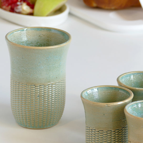 This elegant set of Kiddush cup and plate has a gentle pearls pattern - created in a unique method by a clay 3D Printer. Enjoy now - for a limited time only - Early Bird Sale of 3D Printed Clay Kiddush cup