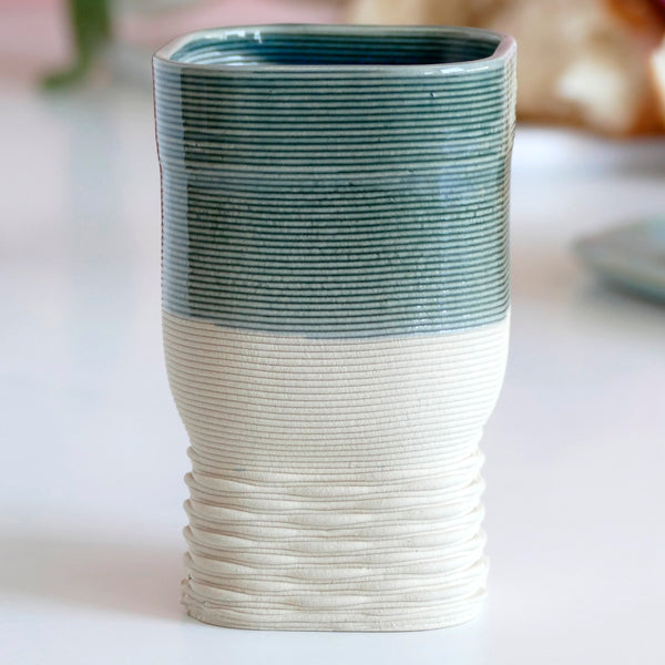 Early Bird Sale - Kiddush Goblet for Early Adopters - 3D Printed Clay - Square, Weaving Pattern, Beige with Emerald