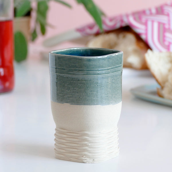 This Kiddush cup has a square shape and a gentle weaving pattern on its leg - created in a unique method by a clay 3D Printer. Enjoy now - for a limited time only - Early Bird Sale of 3D Printed Clay Kiddush cup.