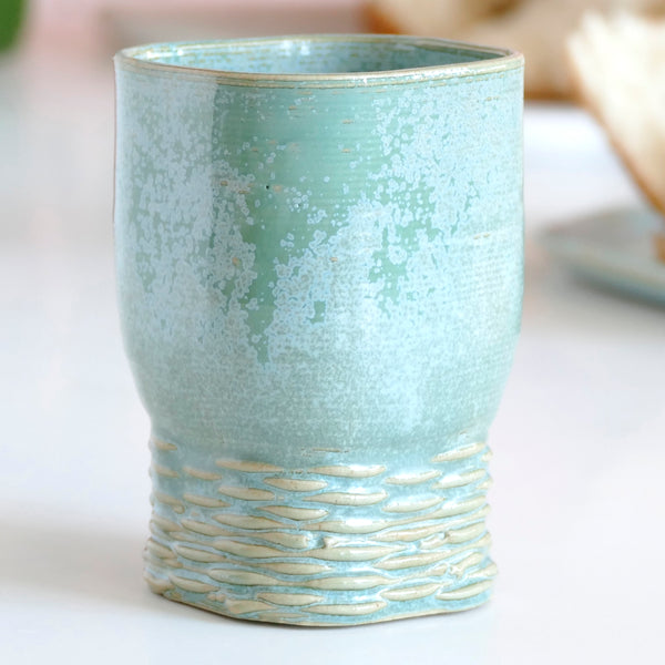 This Kiddush cup has a square shape and a gentle weaving pattern on its leg - created in a unique method by a clay 3D Printer. Enjoy now - for a limited time only - Early Bird Sale of 3D Printed Clay Kiddush cup.