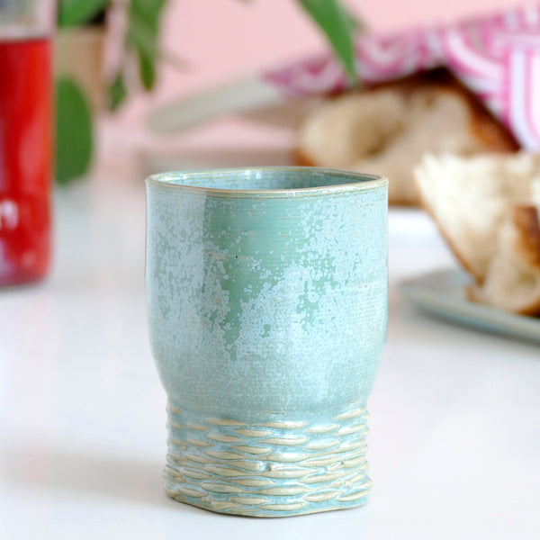 Early Bird Sale - Kiddush Goblet for Early Adopters - 3D Printed Clay - Square, Weaving Pattern, Mint Glaze