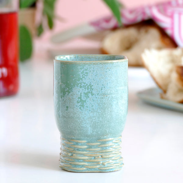 Early Bird Sale - Kiddush Goblet for Early Adopters - 3D Printed Clay - Square, Weaving Pattern, Mint Glaze