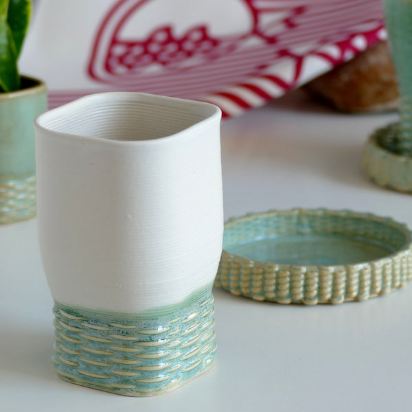 This elegant Kiddush set includes a wine goblet and a matching plate, with weaving pattern - created in a unique method by a clay 3D Printer.