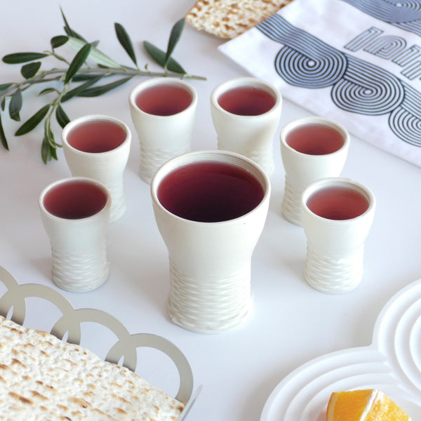 Early Bird Sale - Set of Shabbat Kiddush Cup and Six Small Goblets - 3D Printed Clay - Square Off White