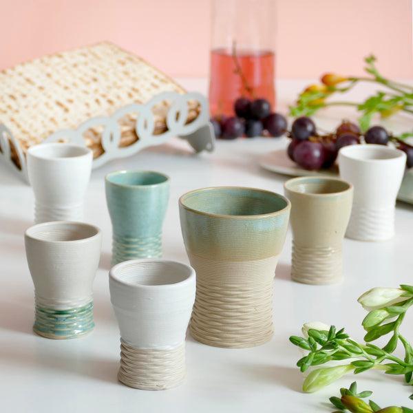 Shabbat Mystery Box - Family Set of Kiddush Cups - 1 Large and 4 Small Goblets, 3D Printed Clay, Surprise Glaze Shades in Blue and White