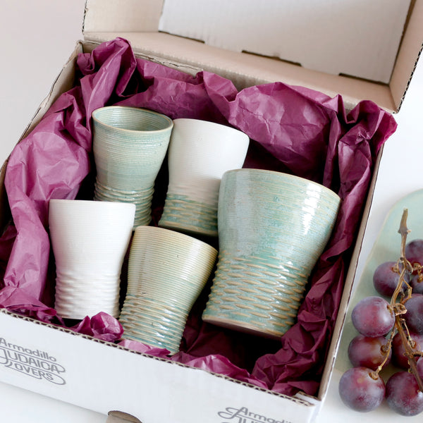 Shabbat Mystery Box - Family Set of Kiddush Cups - 1 Large and 4 Small Goblets, 3D Printed Clay, Surprise Glaze Shades in Blue and White