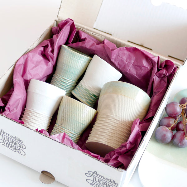 Shabbat Mystery Box - Family Set of Kiddush Cups - 1 Large and 4 Small Goblets, 3D Printed Clay, Surprise Glaze Shades in Blue and White