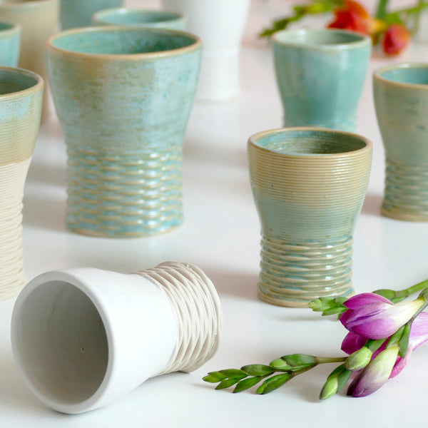Mystery box of Kiddush cups set - The box's contents stay the same - the glazes varies in Beige Mint and Off- White. Pictures show different combinations of glazes - the exact colors combination of your set is a surprise.