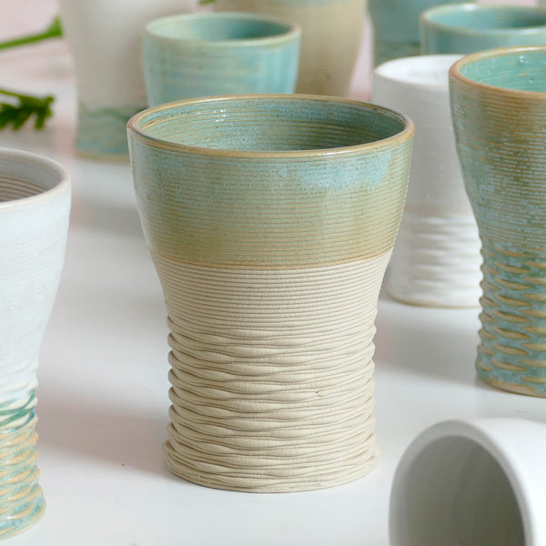 Mystery box of Kiddush cups set - The box's contents stay the same - the glazes varies in Beige Mint and Off- White. Pictures show different combinations of glazes - the exact colors combination of your set is a surprise.