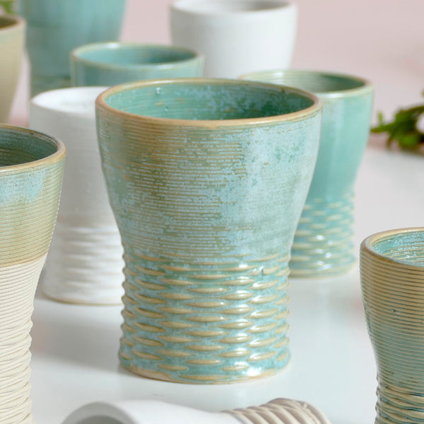 Mystery box of Kiddush cups set - The box's contents stay the same - the glazes varies in Beige Mint and Off- White. Pictures show different combinations of glazes - the exact colors combination of your set is a surprise.