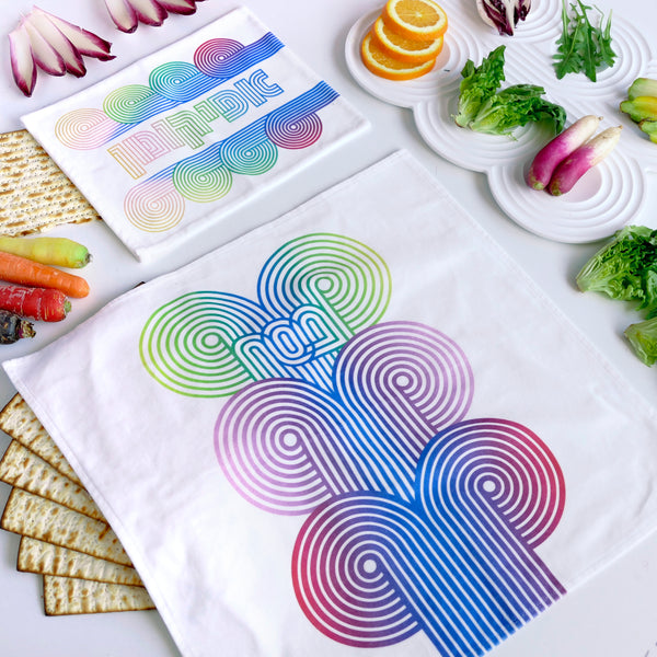Matzah cover and afikomen set, op art waves pattern printed on off white cotton velvet, the design draws inspiration from the story of Exodus, merging tradition with contemporary aesthetic.