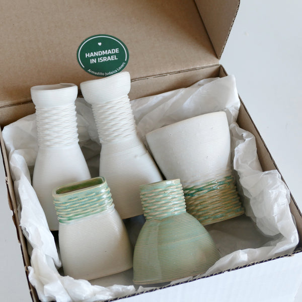 special offer - Shabbat and Havdalah Mystery Box - Set of Wine Cup, Besamim (Spices) Holder, and Candle Holder, Pair of Shabbat Candlesticks - Surprise Glaze Shades in Mint Beige and and Off - White