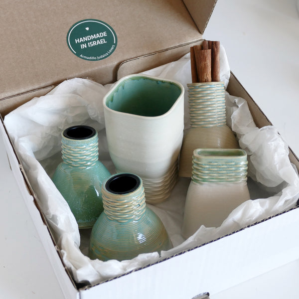 best deal for modern Shabbat table - Shabbat and Havdalah Mystery Box - Set of Wine Cup, Besamim (Spices) Holder, and Candle Holder, Pair of Shabbat Candlesticks - Surprise Glaze Shades in Mint Beige and and Off - White