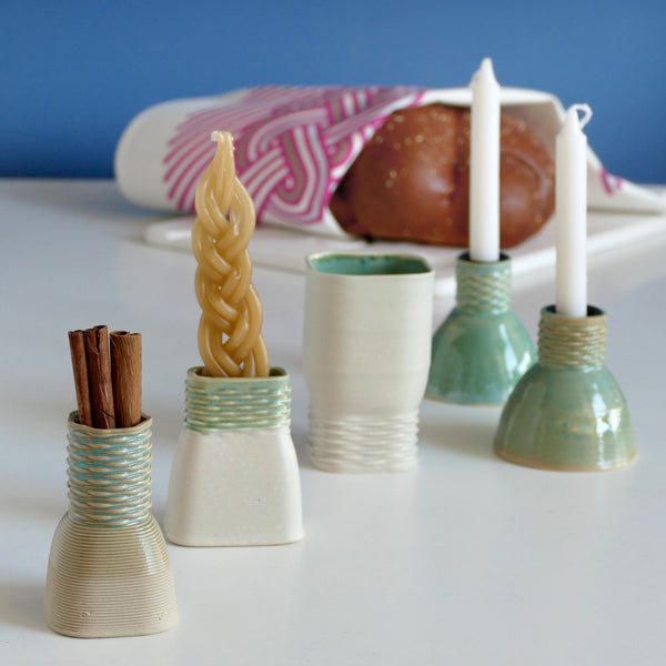 Shabbat and Havdalah Mystery Box - Set of Wine Cup, Besamim (Spices) Holder, and Candle Holder, Pair of Shabbat Candlesticks - Surprise Glaze Shades in Mint Beige and and Off - White