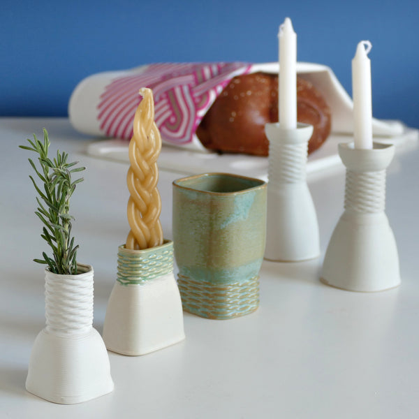 Shabbat and Havdalah Mystery Box - Set of Wine Cup, Besamim (Spices) Holder, and Candle Holder, Pair of Shabbat Candlesticks - Surprise Glaze Shades in Mint Beige and and Off - White