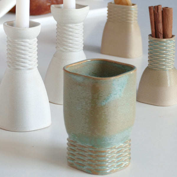 Shabbat and Havdalah Mystery Box - Set of Wine Cup, Besamim (Spices) Holder, and Candle Holder, Pair of Shabbat Candlesticks - Surprise Glaze Shades in Mint Beige and and Off - White