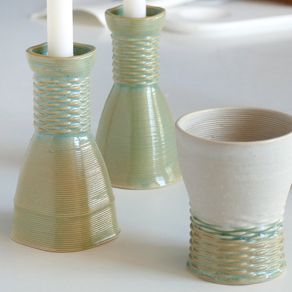 Shabbat and Havdalah Mystery Box - Set of Wine Cup, Besamim (Spices) Holder, and Candle Holder, Pair of Shabbat Candlesticks - Surprise Glaze Shades in Mint Beige and and Off - White