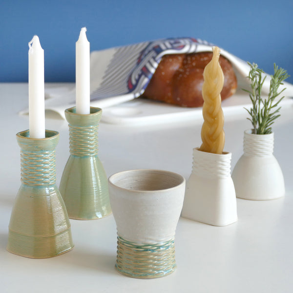 Shabbat and Havdalah Mystery Box - Set of Wine Cup, Besamim (Spices) Holder, and Candle Holder, Pair of Shabbat Candlesticks - Surprise Glaze Shades in Mint Beige and and Off - White