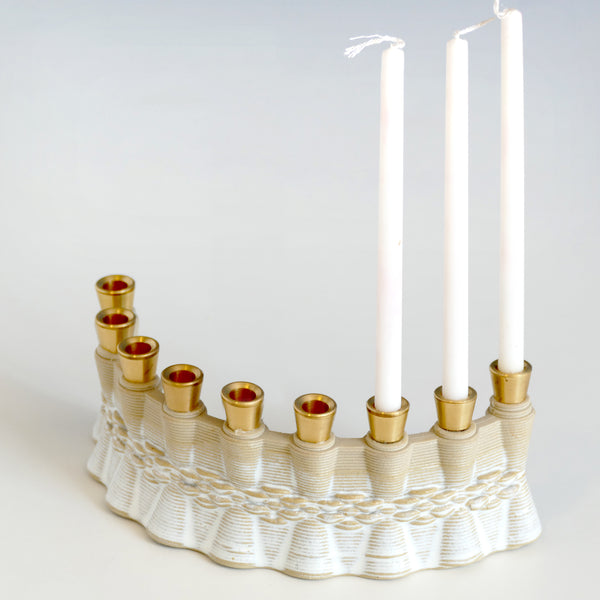 OOAK Early Bird 25% Off 4- Hanukkah Menorah for Early Adopters - 3D Printed Clay - Weaving Pattern with Gradient  Off White Glaze. Shamash on the Edge